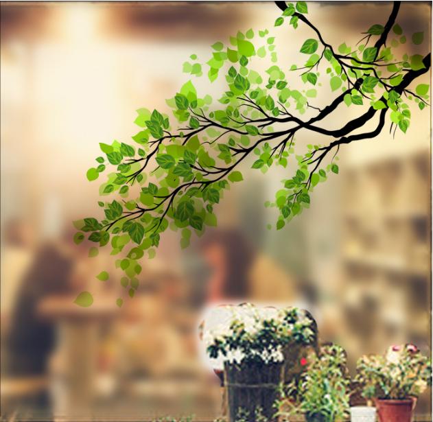 Decal Trang Trí Kính Cao Cấp Mẫu Nhánh Cây Xanh 01 (60cm X 58cm)-DK7016