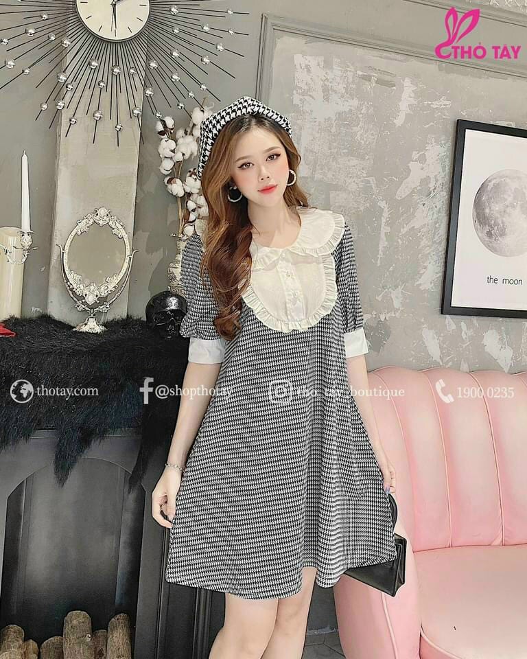 Đầm suông ca ro tay lỡ-QH#damnu