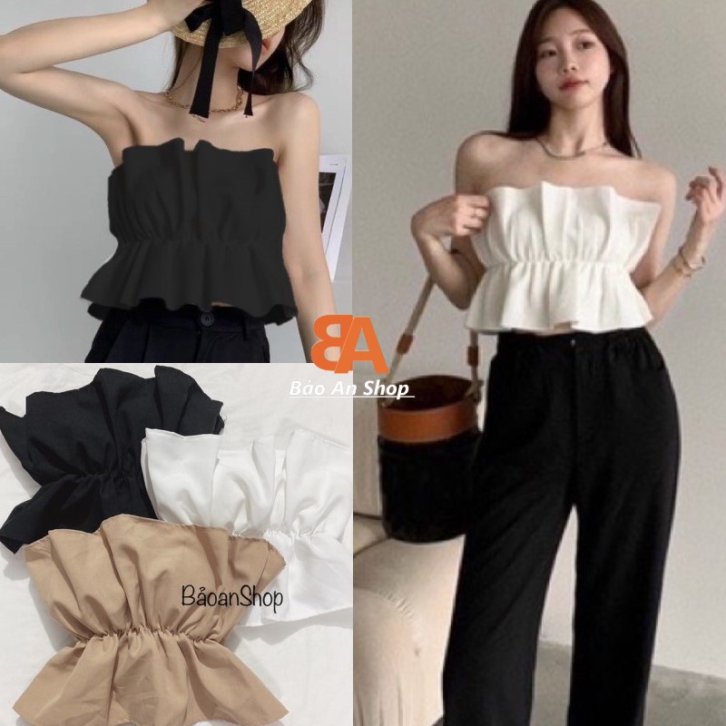 Áo ống kiểu bèo nhún eo (có mút ngực) , áo croptop nữ