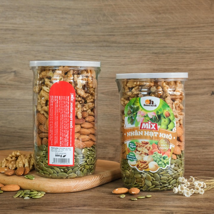Mix Nhân Hạt Khô hộp 500g (Gồm Nhân Bí Xanh, Nhân Hạt Óc Chó, Hạnh Nhân tách vỏ nướng)