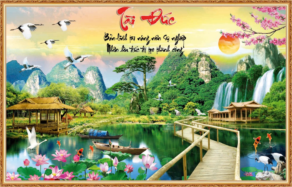 Tranh dán tường 3d phòng khách sơn thủy