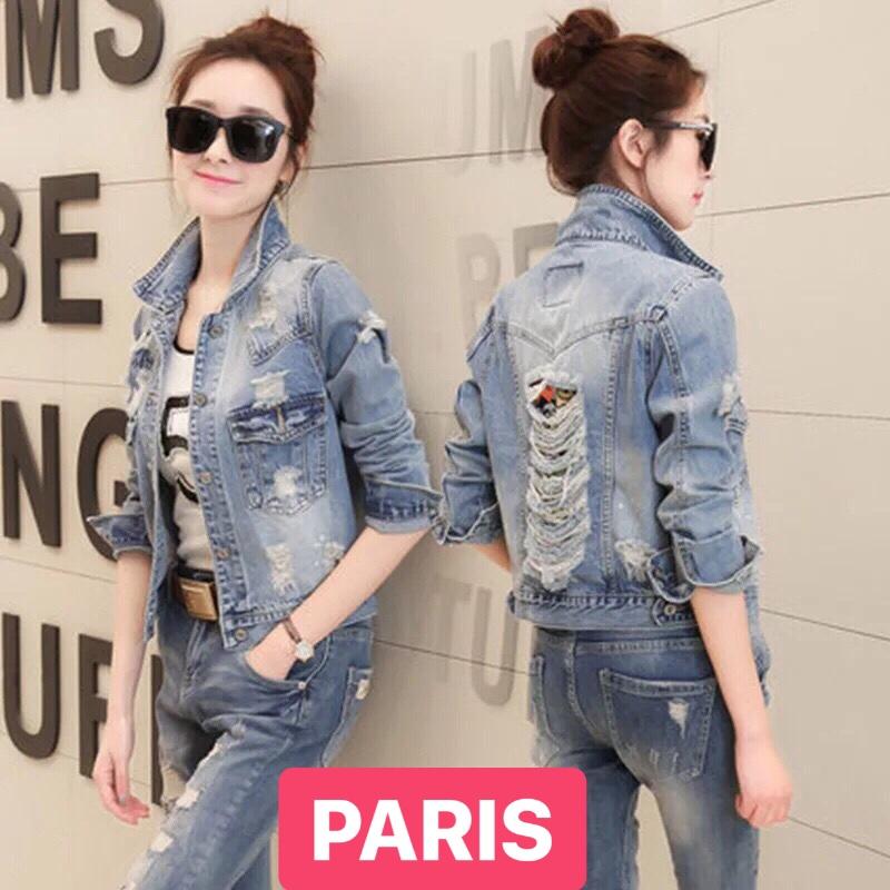 ÁO KHOÁC JEAN NỮ CHẤT BÒ SÀNH ĐIỆU PHONG CÁCH HÀN QUỐC HOA HỒNG RÁCH LƯNG PR-79 PARIS FASHION