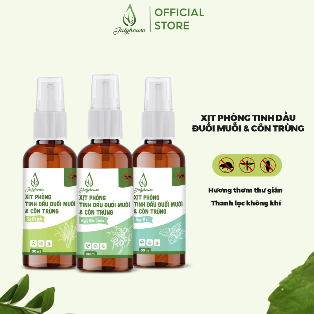 Bình xịt phòng tinh dầu sả chanh, bạc hà, quế đuổi muỗi JULYHOUSE 50ml khử mùi hiệu quả (mùi tự chọn)