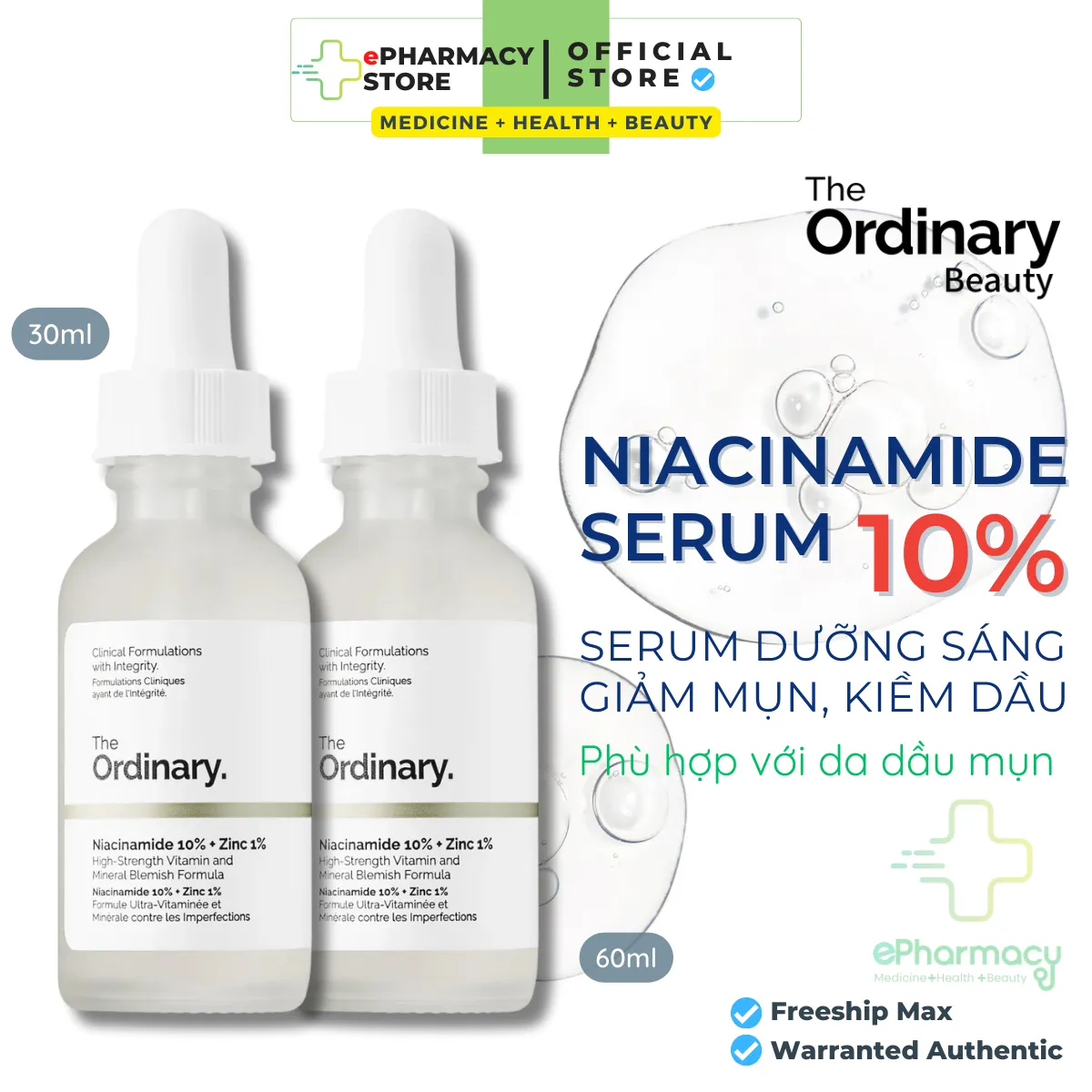 Serum Niacinamide 10% + Zinc 1% The Ordinary - Tinh Chất The Ordinary kiềm dầu giảm mụn giảm thâm 30ML/60ML