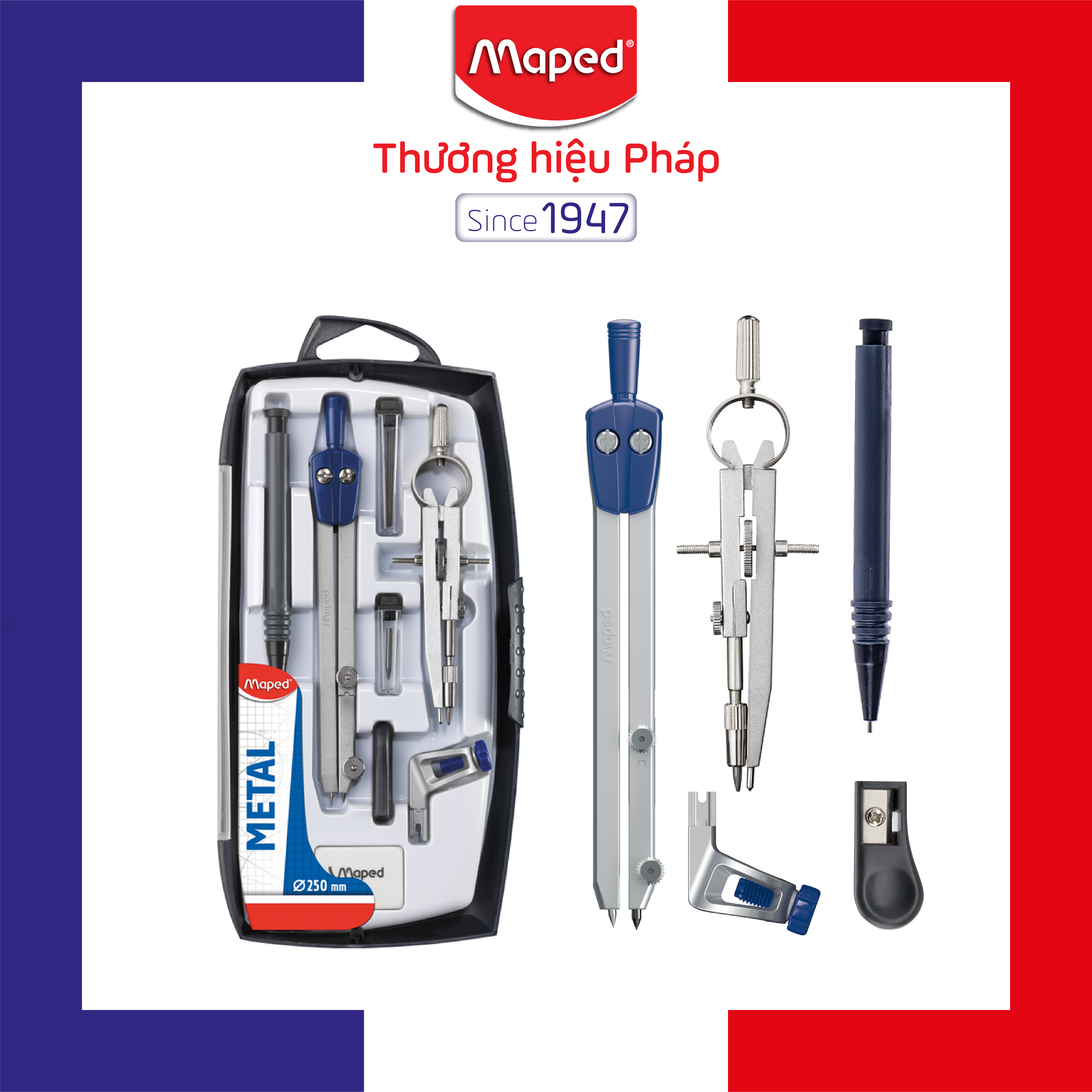 MAPED - Hộp Compa kim loại Start - set 8 (2 Compa, chì gỗ, chì bấm, gôm, chuốt chì, ruột chì, ruột chì Compa và ruột chì bấm)