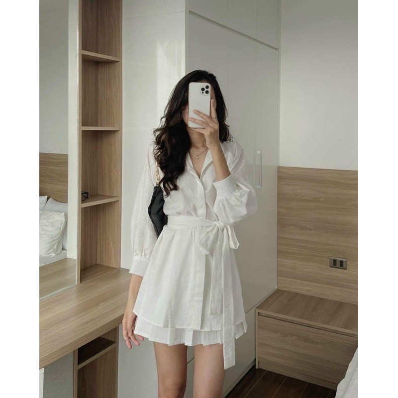 Set chân váy và áo sơ mi kèm dây buộc eo Thời trang