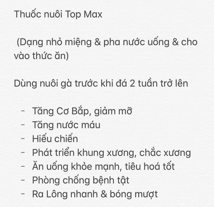 TOP MAXX dinh dưỡng cho gà chế độ đá 10 ml