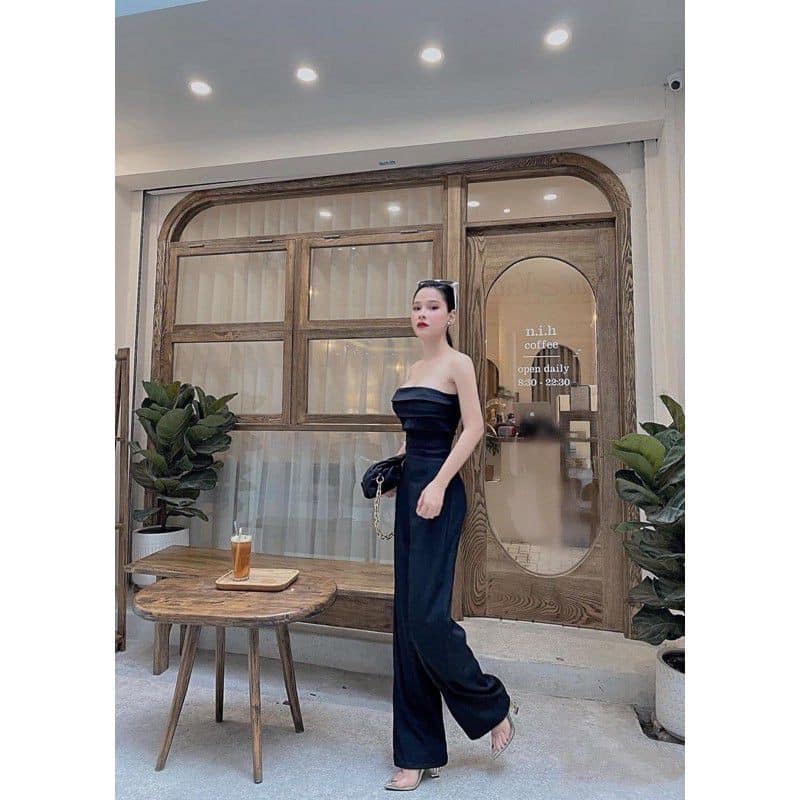 [HÀNG ĐẸP sẵn mút ngực] Jumpsuit Ống Suông Cúp Ngực Xếp Li Tôn Dáng