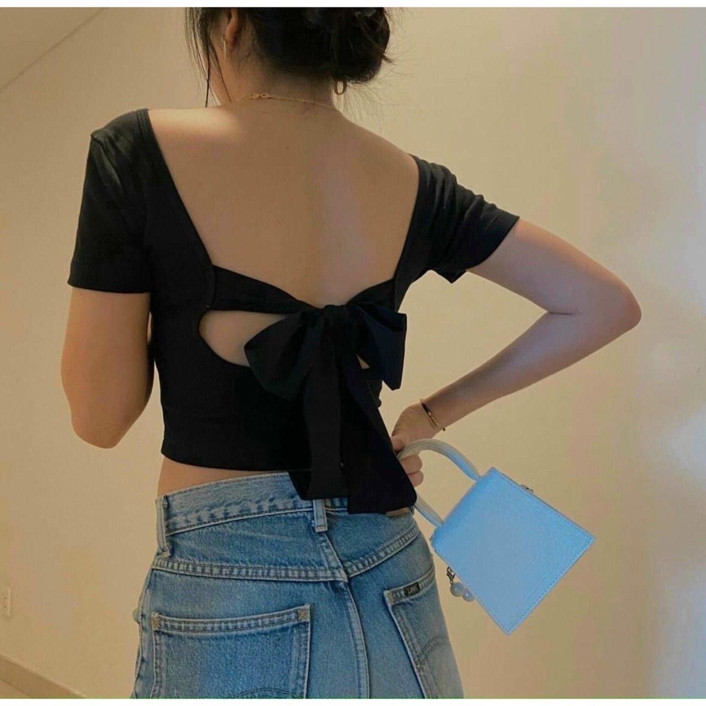 [HCM]áo thun gân cột nơ lưng croptop cổ vuông