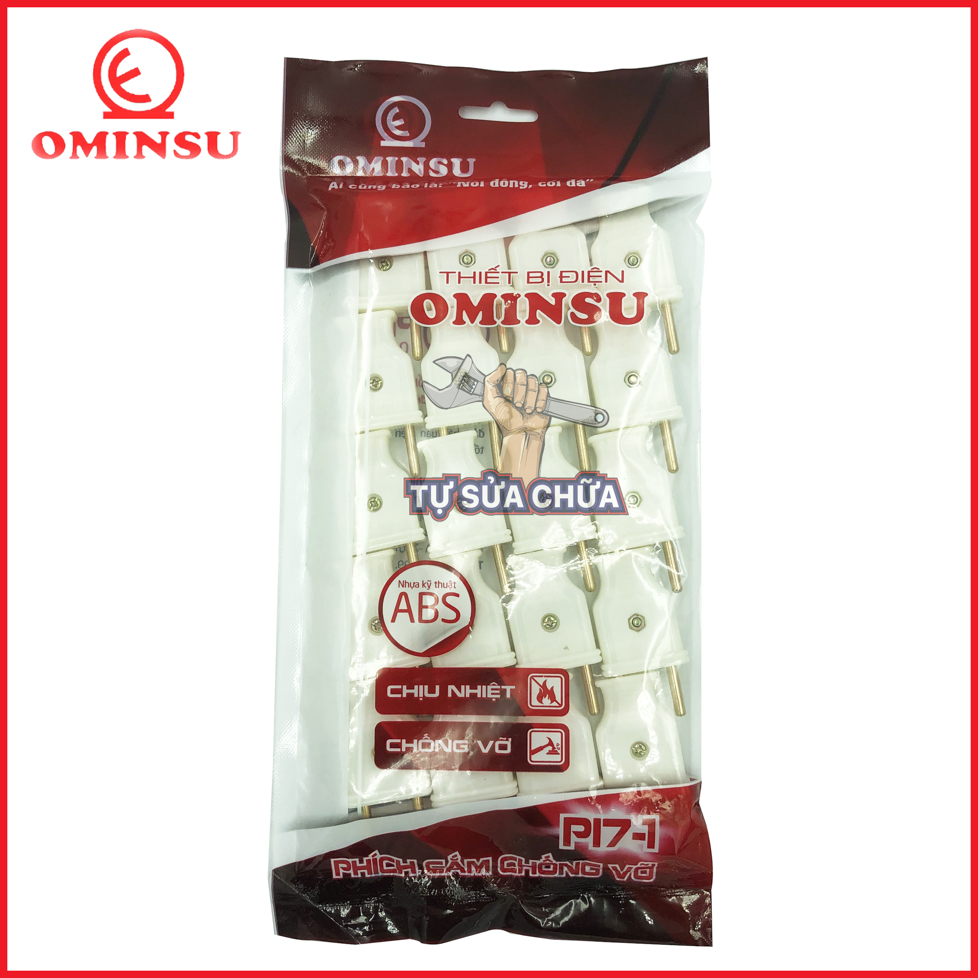 Phích cắm chống vỡ Ominsu P17-1 vỏ nhựa ABS, chân đồng đúc dẫn điện tốt