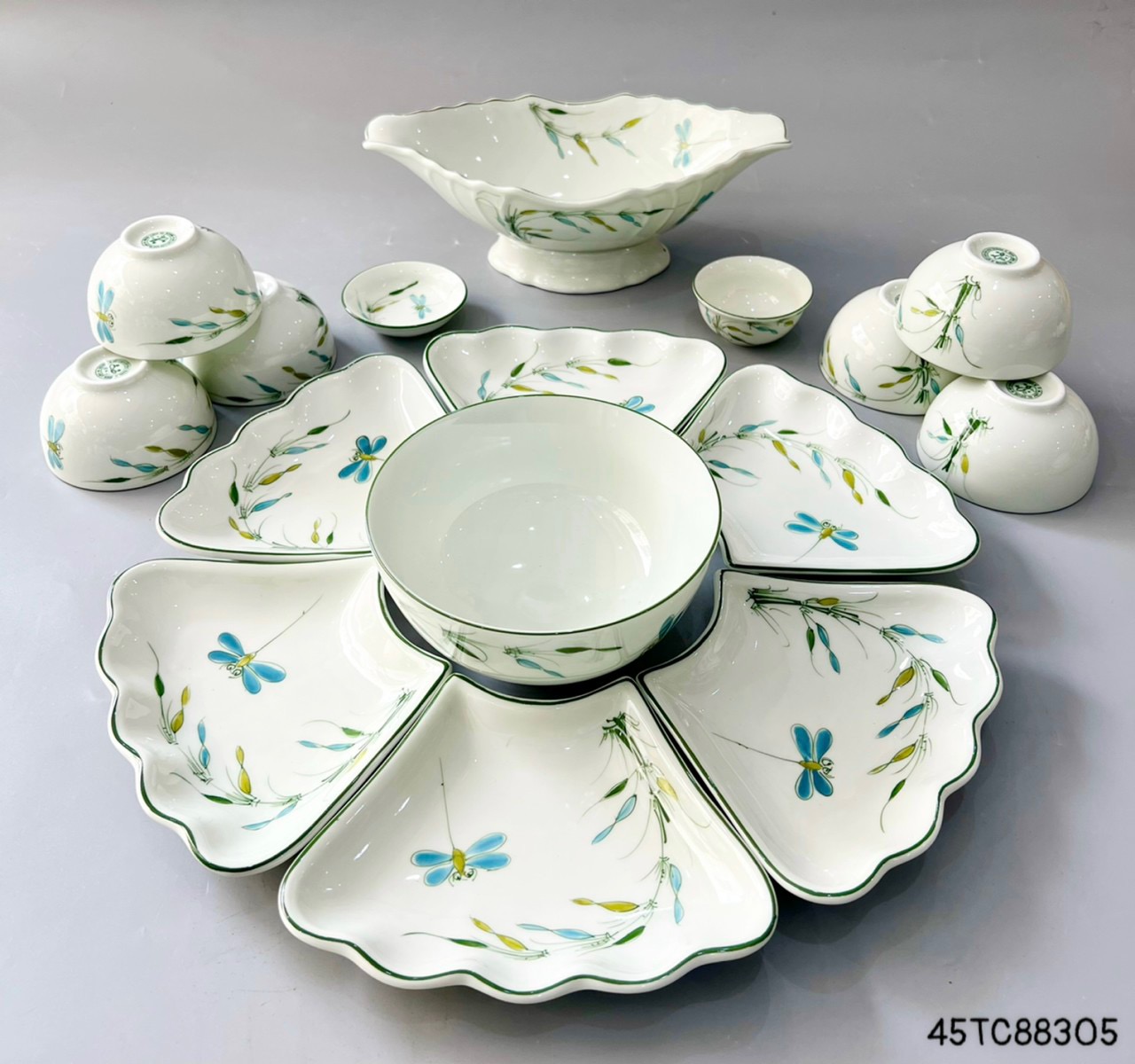 Bộ bát đĩa hoa mặt trời Bát Tràng họa tiết chuồn chuồn tre - Hàng vẽ tay - Bộ đồ ăn, bộ bát đĩa thờ cúng gia tiên