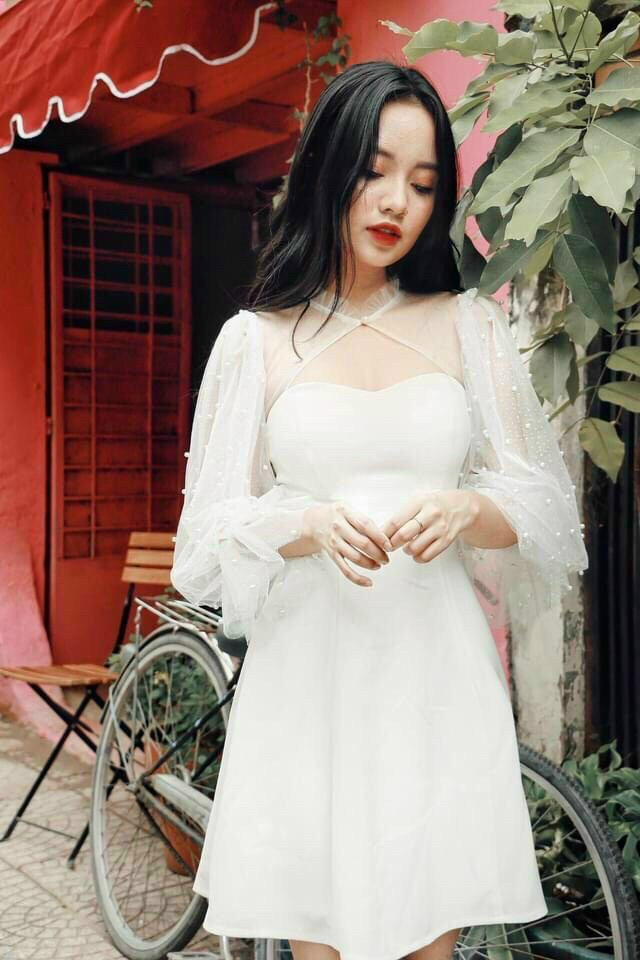 Đầm phối lưới tay bồng (có mút ngực)