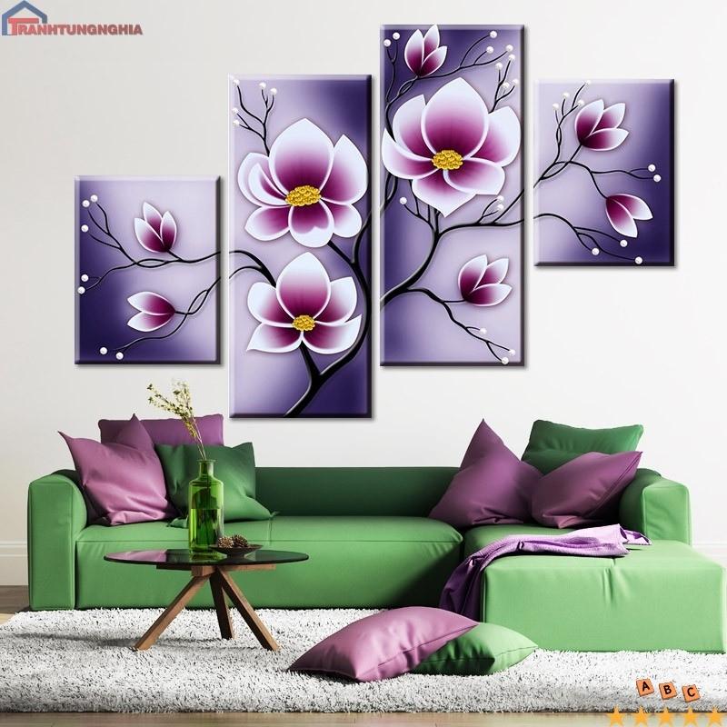 Tranh đính đá bộ hoa sen 4 bức 1m31 x 73cm