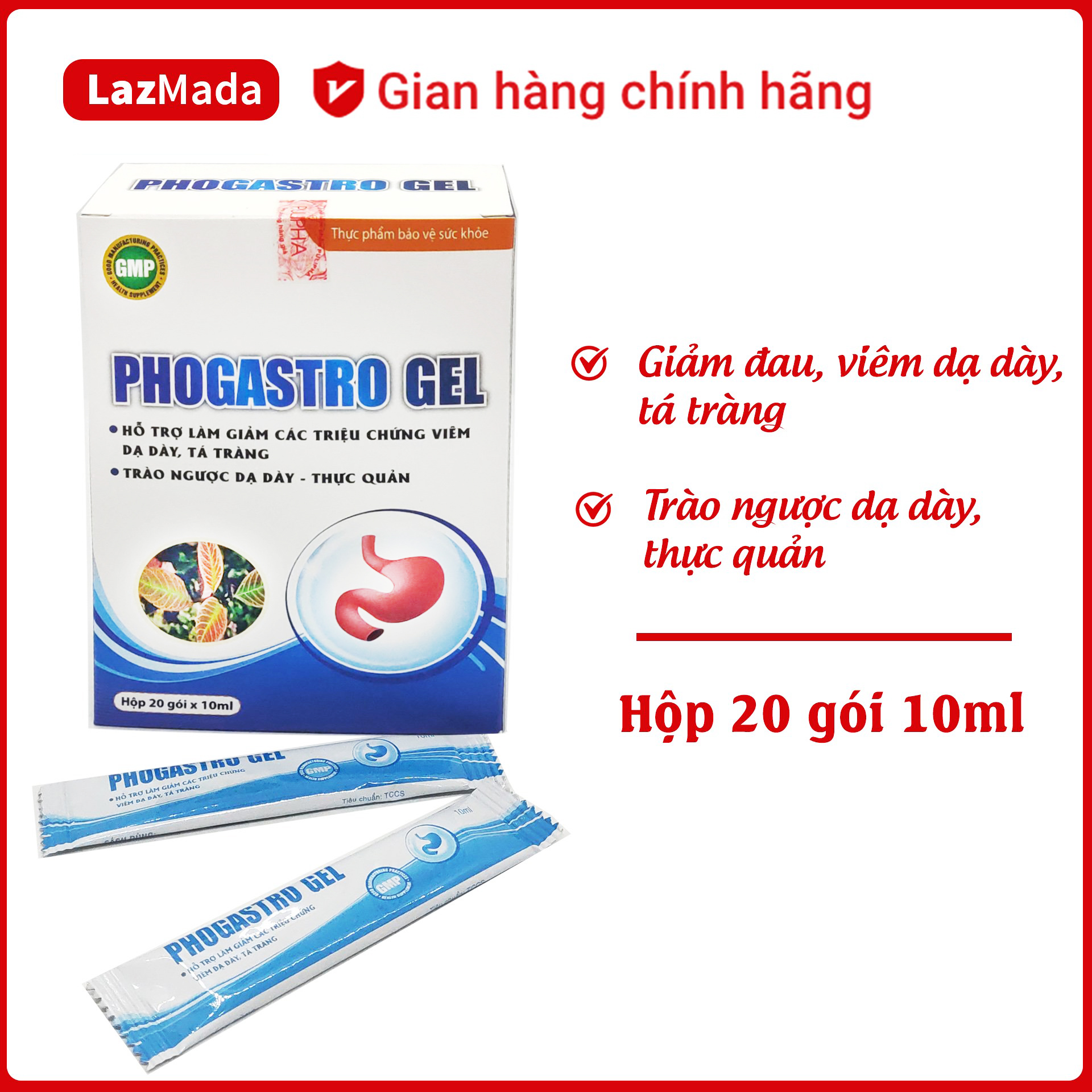 Gel uống PHOGASTRO GEL - Làm giảm viêm đau dạ dày tá tràng, trào ngược thực quản hiệu quả - Thành phần thảo dược tự nhiên - Hộp 20 gói LazMada Pharmacy
