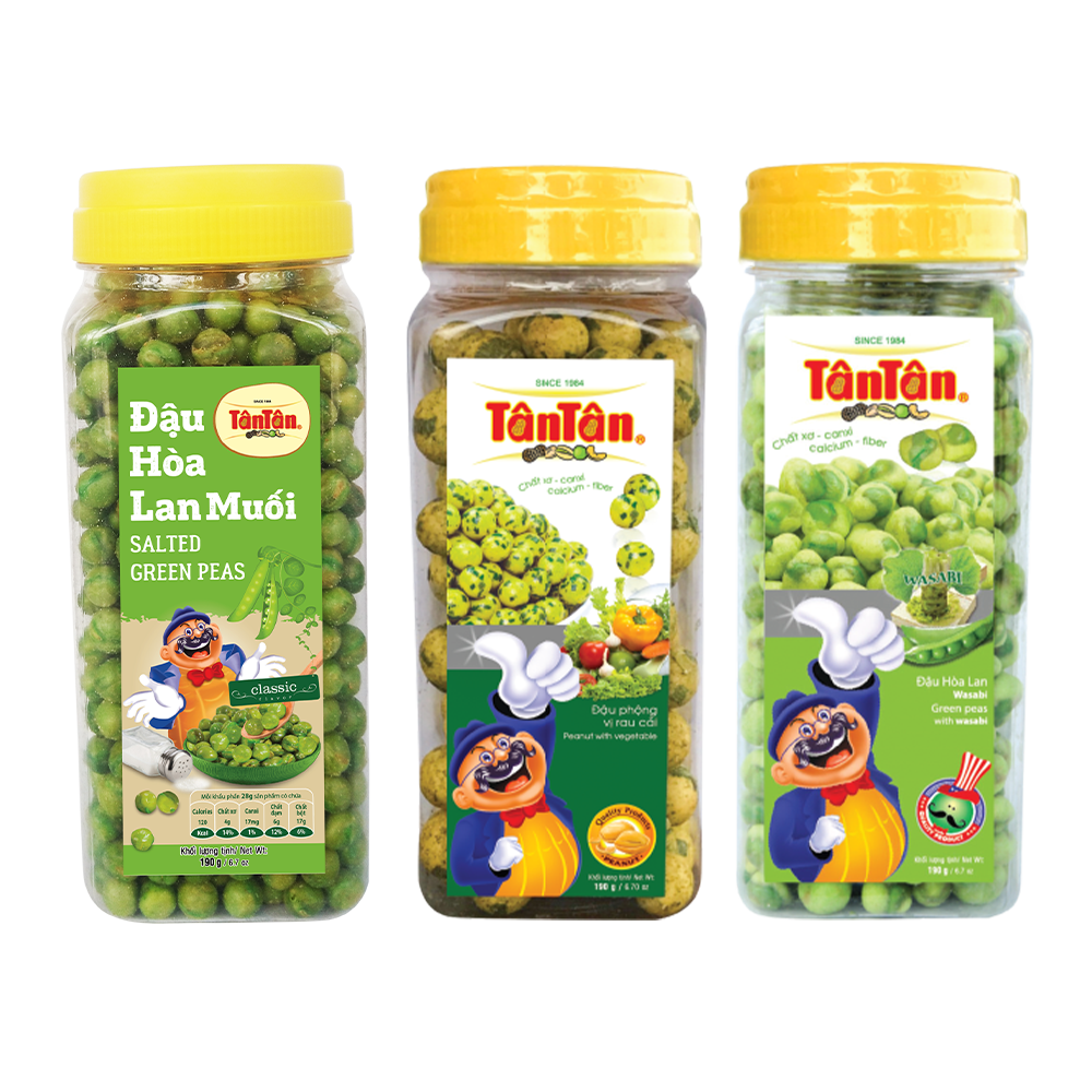 Combo 3 hũ đậu Tân Tân: HL Muối 190g, HL Wasabi 190g, Rau Cải 190g