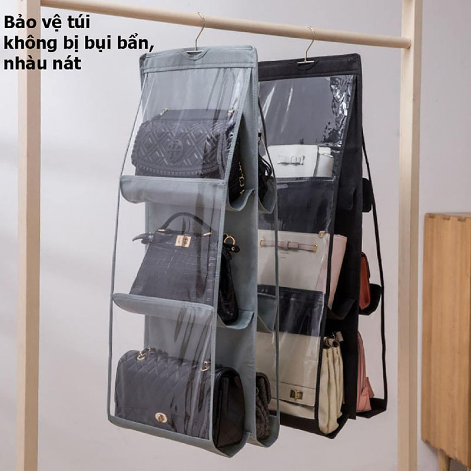 Túi đựng giỏ xách 6 ngăn đa năng treo tường hoặc tủ quần áo, giúp chắn bụi tiện dụng, [TÚI TREO GIỎ]