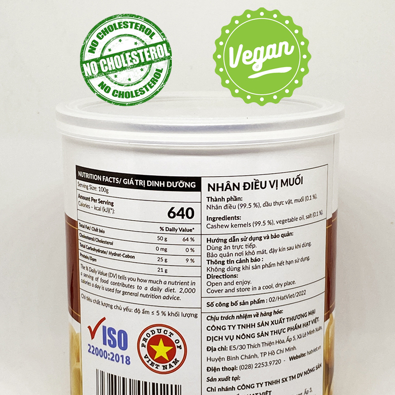 Vietnuts - Hạt điều muối hộp 200g cao cấp - 0% Cholesterol - hạt dinh dưỡng tốt cho sức khỏe - hạt dinh dưỡng cho người già