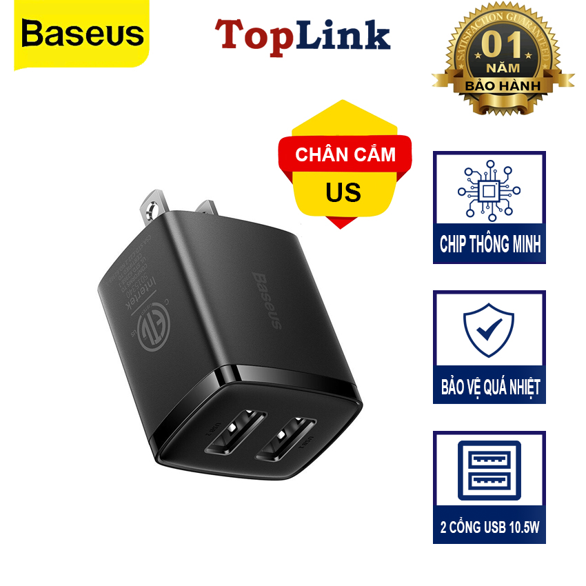 Củ sạc điện thoại 2 usb baseus compact charger tốc độ 10.5w tương thích dòng điện 100 - 240v - phân phối bởi toplink