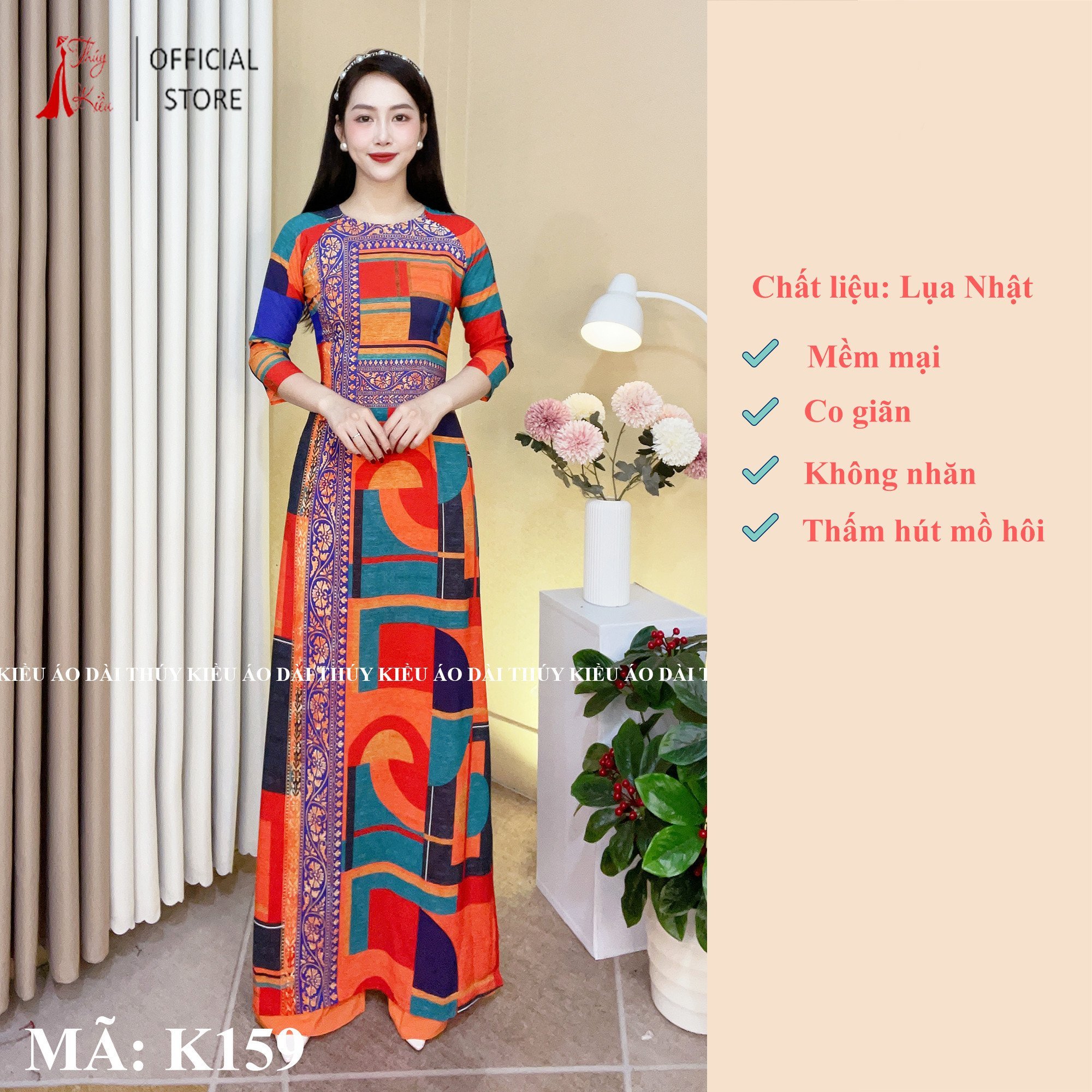 Áo dài thổ cẩm đỏ cam xanh K159 may sẵn thiết kế mềm mại co giãn áo dài giá rẻ
