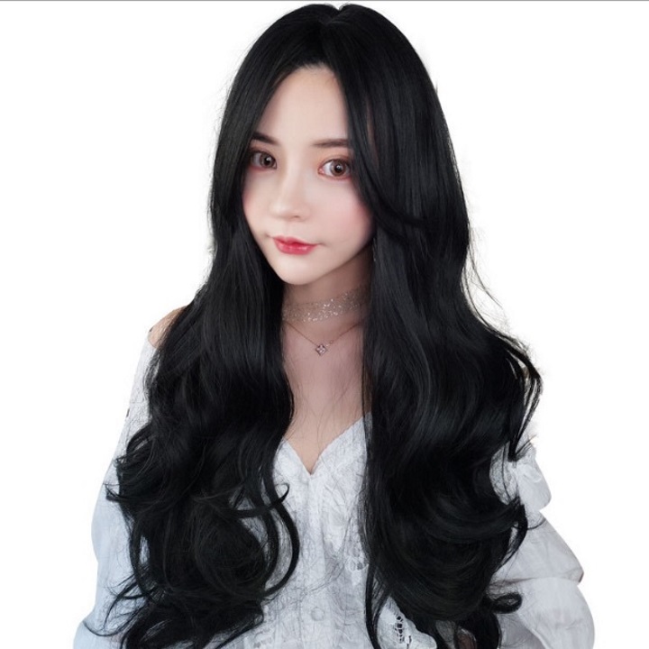 Tóc giả nữ nguyên đầu,tóc giả nữ cao cấp làm bằng tơ mềm mượt như tóc thật (màu đen) + tặng kèm lưới