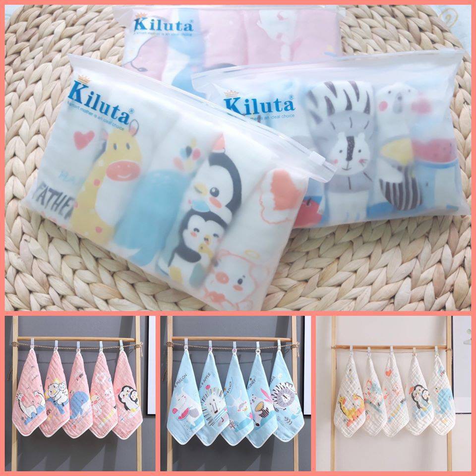 Set 5 khăn mặt xô 6 lớp sợi tre Kiluta 30x30cm
