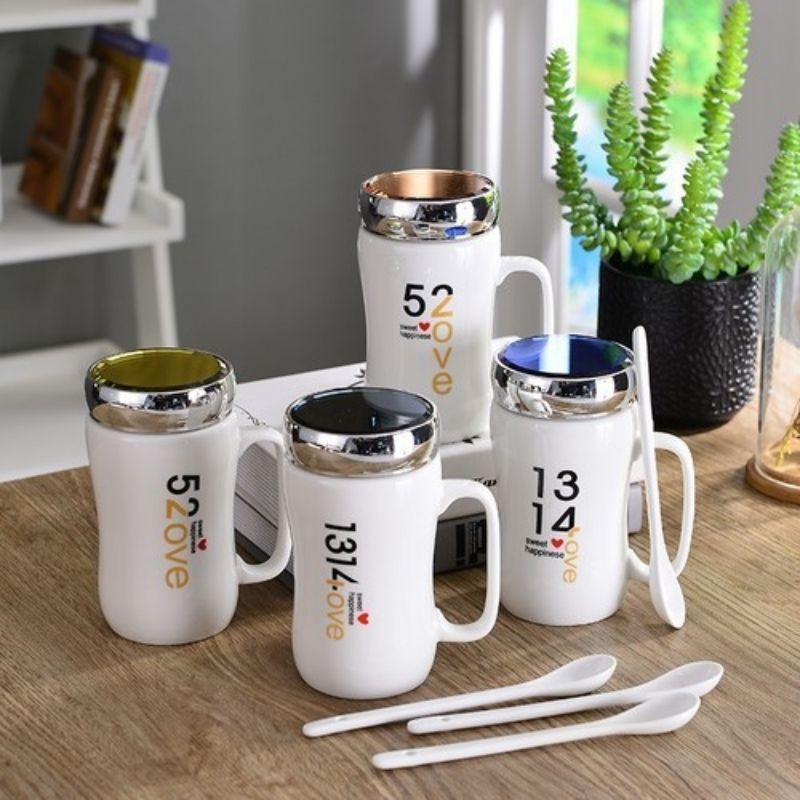 Ly sứ nắp tráng gương ly đựng nước cốc uống nước ca sứ dễ thương dung tích 400ml k152