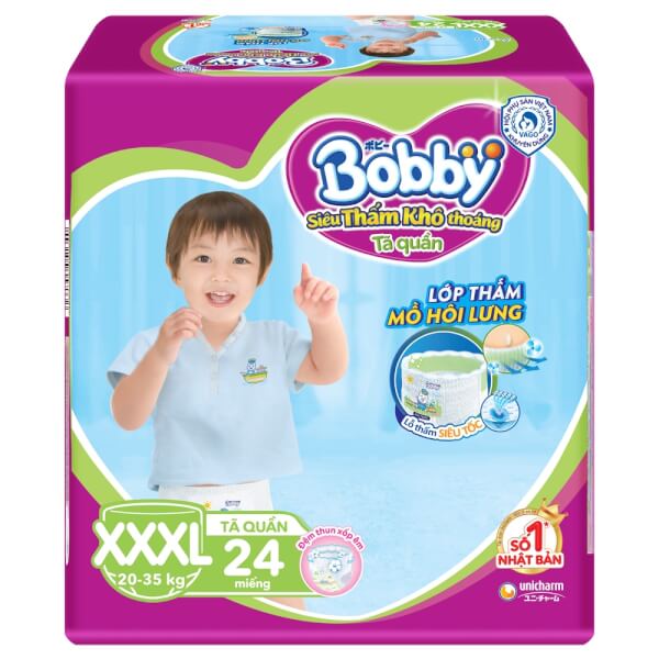 Bỉm tã quần Bobby size XXXL 24 +6  miếng (20-35kg)