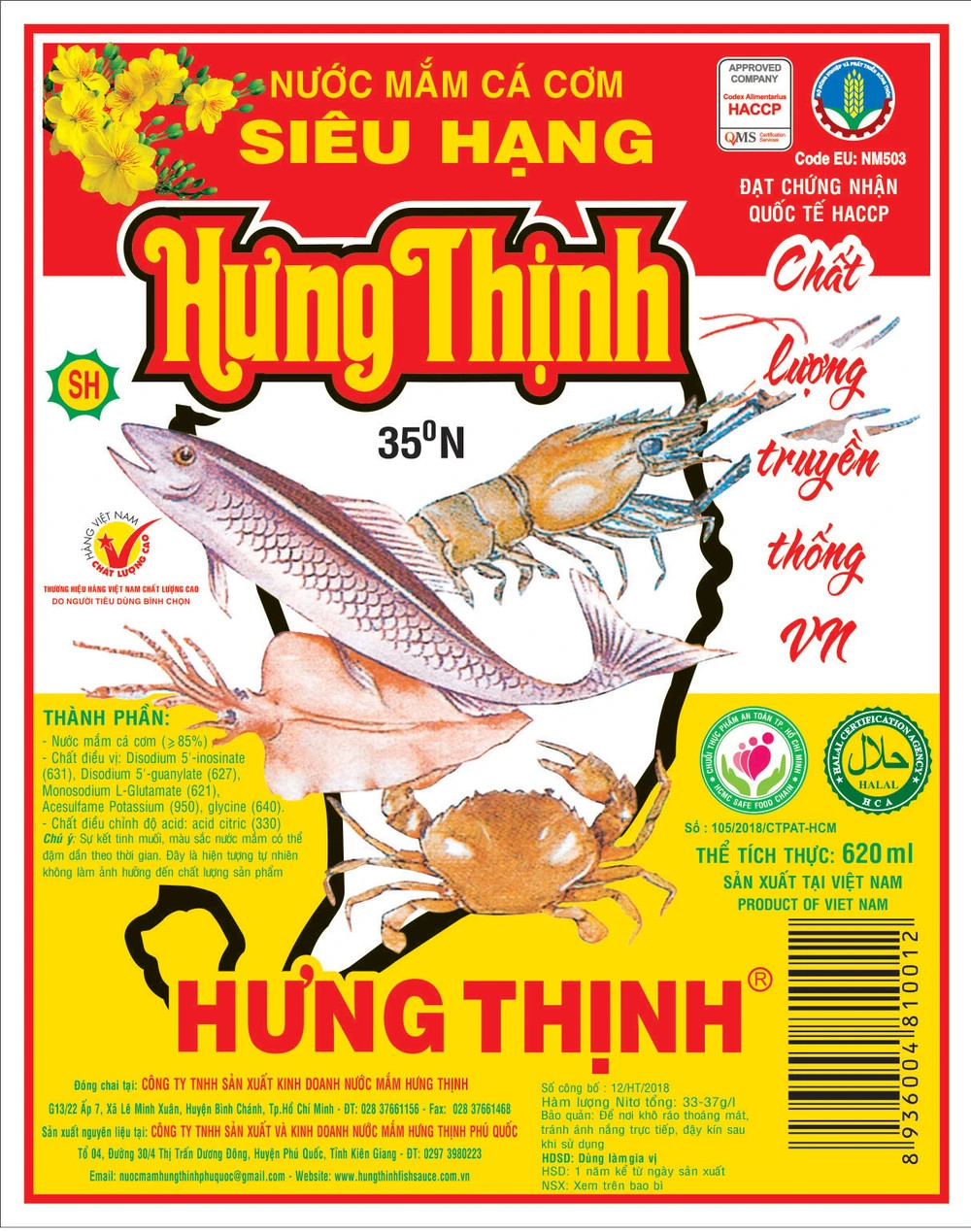 Nước mắm Cá Cơm siêu hạng Hưng Thịnh 35 độ 620ML ( Chai Thủy Tinh ), 40 độ 750ML. Date luôn mới
