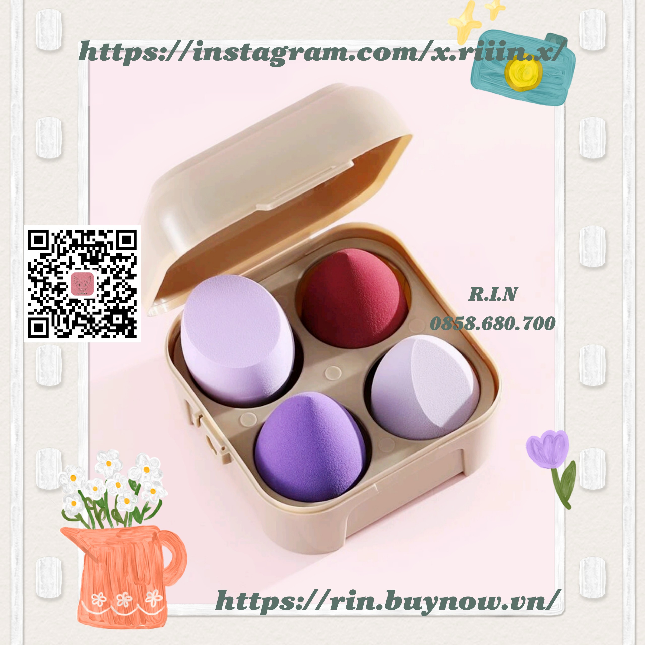 Riiin combo makeup sponge with box - milk tea - 4pcs