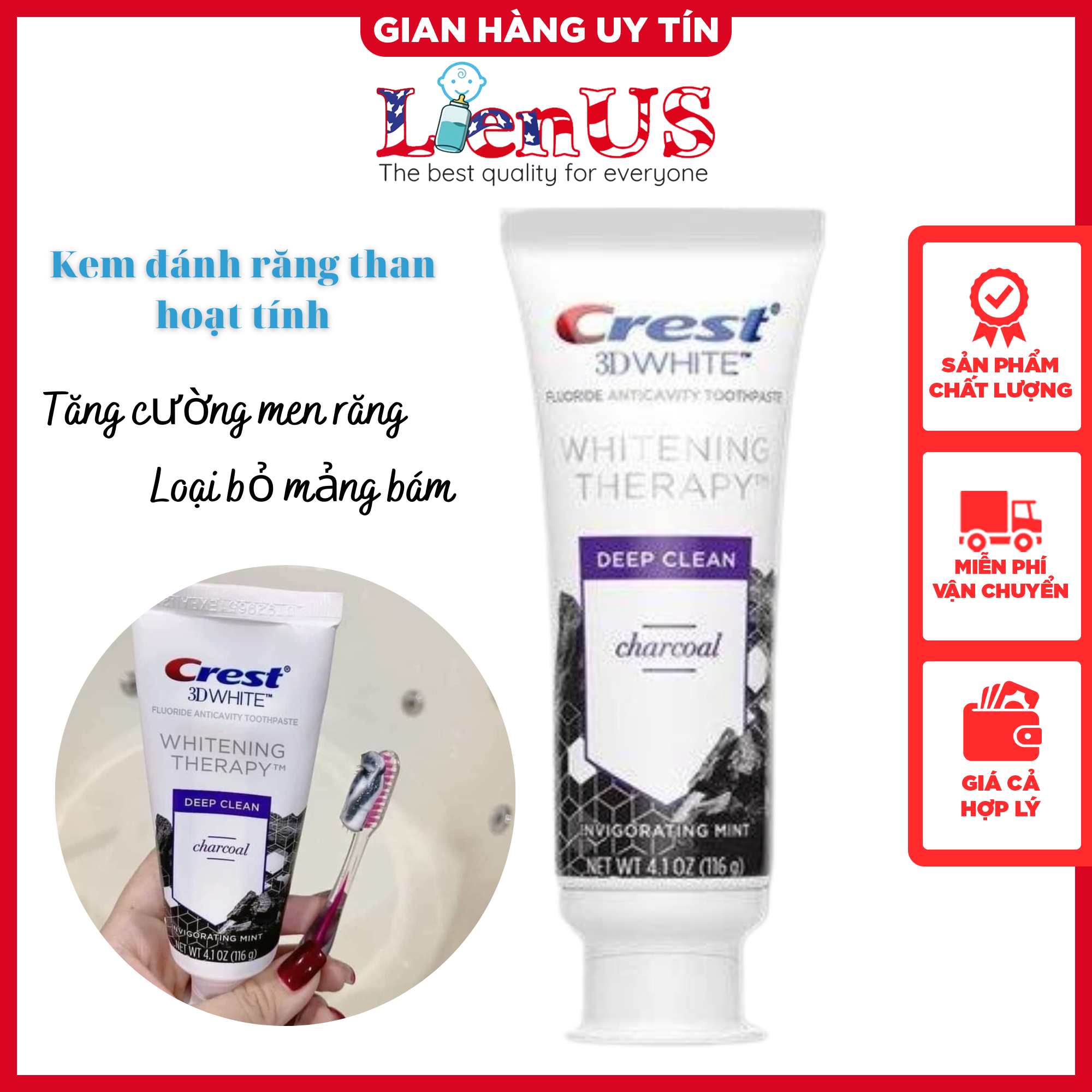 [Freeship] Kem đánh răng crest 3D White Charcoal Toothpaste Than Hoạt Tính 116g  - lienus