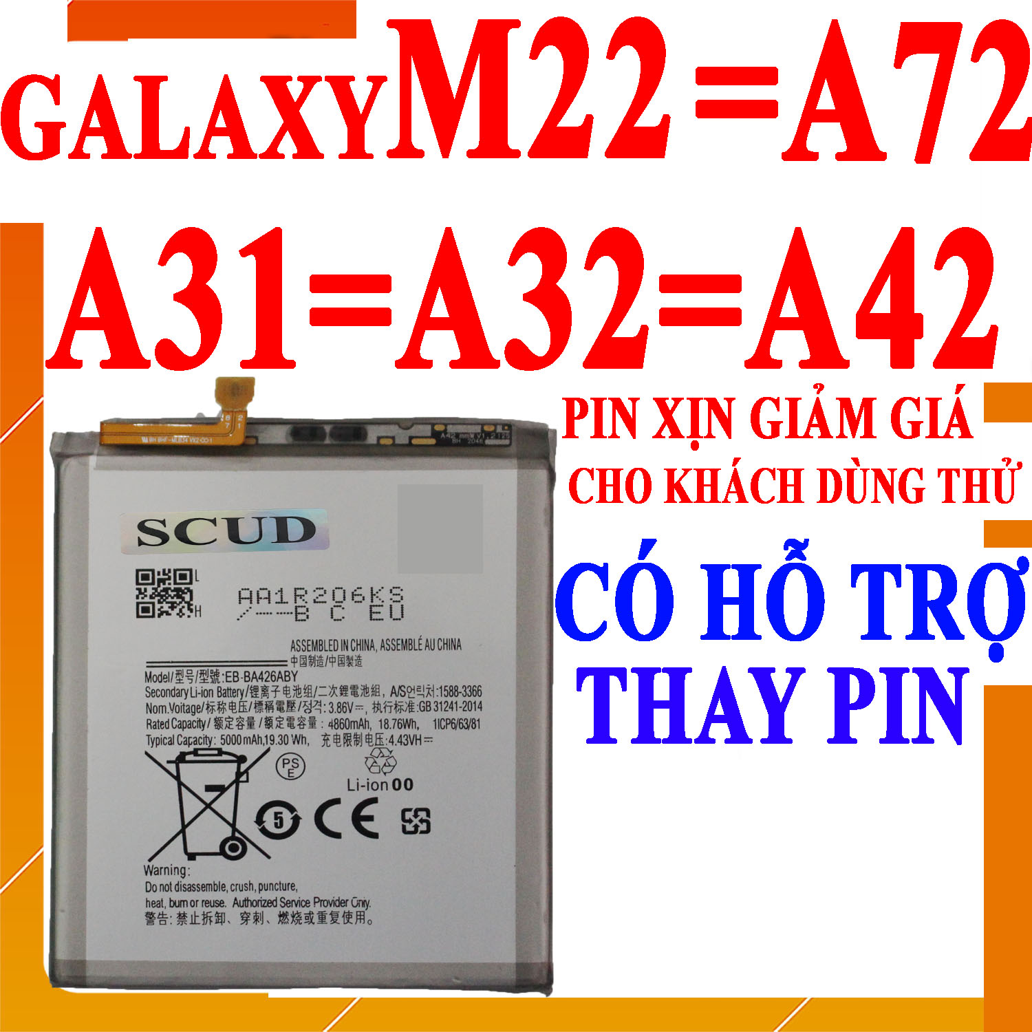 Pin Scud cho Samsung Galaxy A31/A32/A42/A72/M22 dung lượng 5000mAh