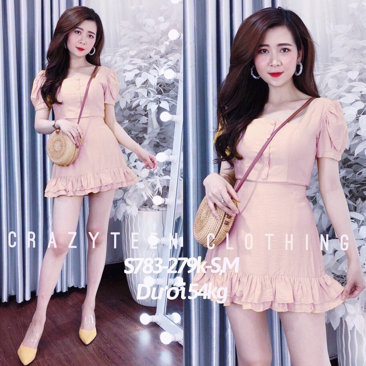 Set Áo Cổ Vuông Đính Nút Váy Đuôi Cá