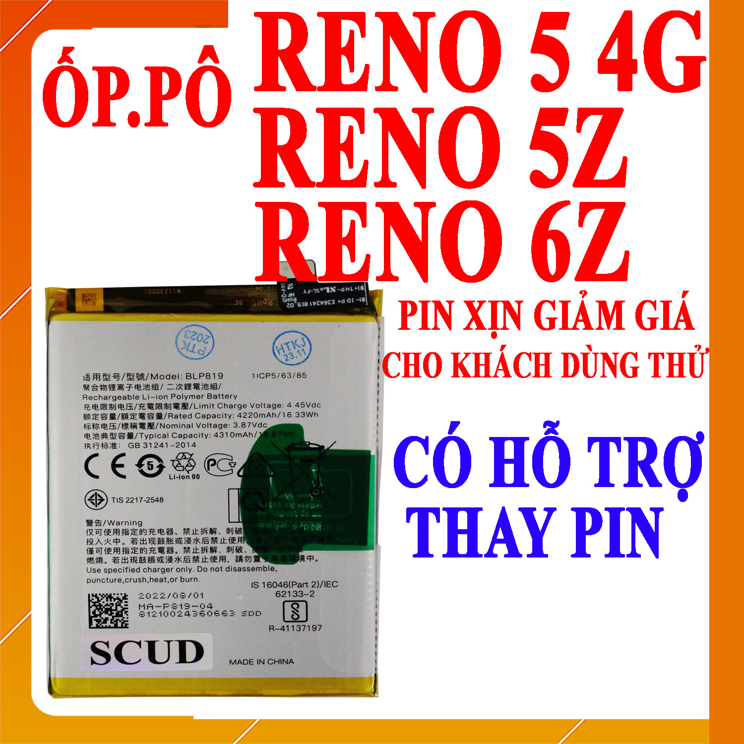 Pin scud cho oppo reno 5 4g/oppo reno 5z/oppo reno 6z blp819 dung lượng 4310mah