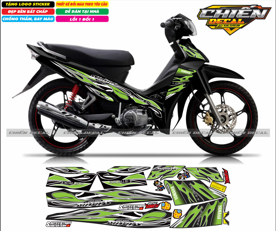 Tem rời xe sirius RC 100cc - 50cc mẫu tem lửa màu đen nhiều kiểu lụa chọn - tem lửa chế sirius (tem 3 lớp)