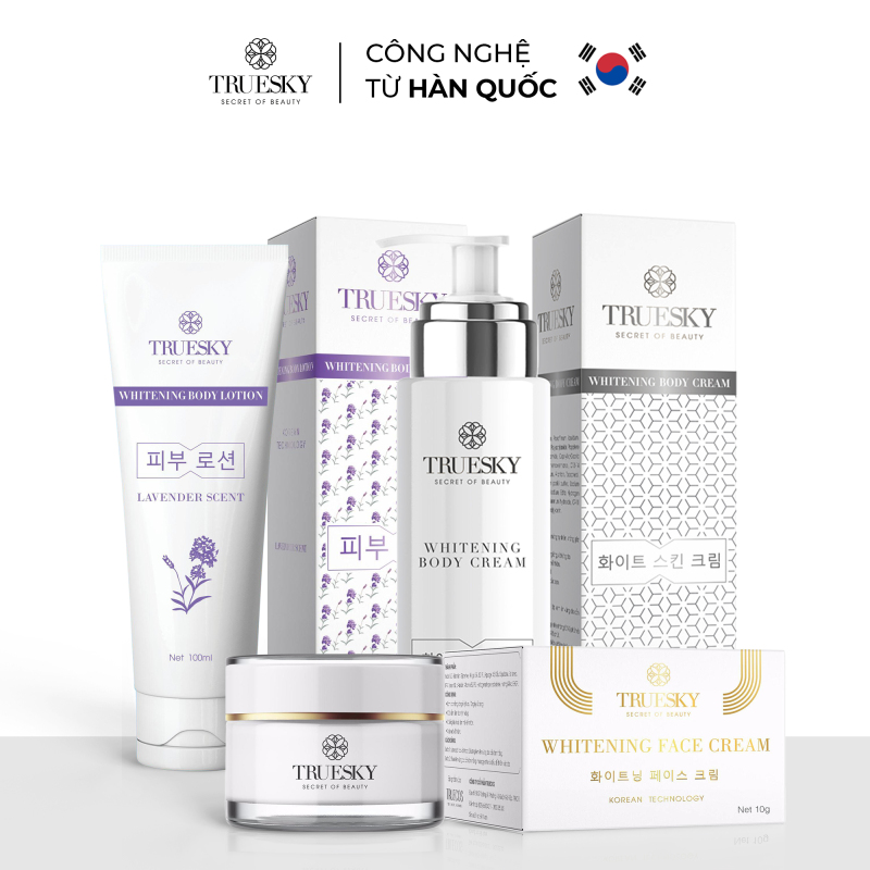 Bộ sản phẩm Truesky VIP05 gồm 1 kem dưỡng trắng da mặt 10g & 1 kem ủ trắng da toàn thân 100ml & 1 kem dưỡng trắng da toàn thân 100ml