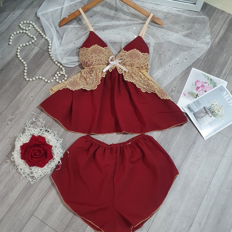 Đồ ngủ sexy, bộ ngủ voan lụa 2 dây có mút