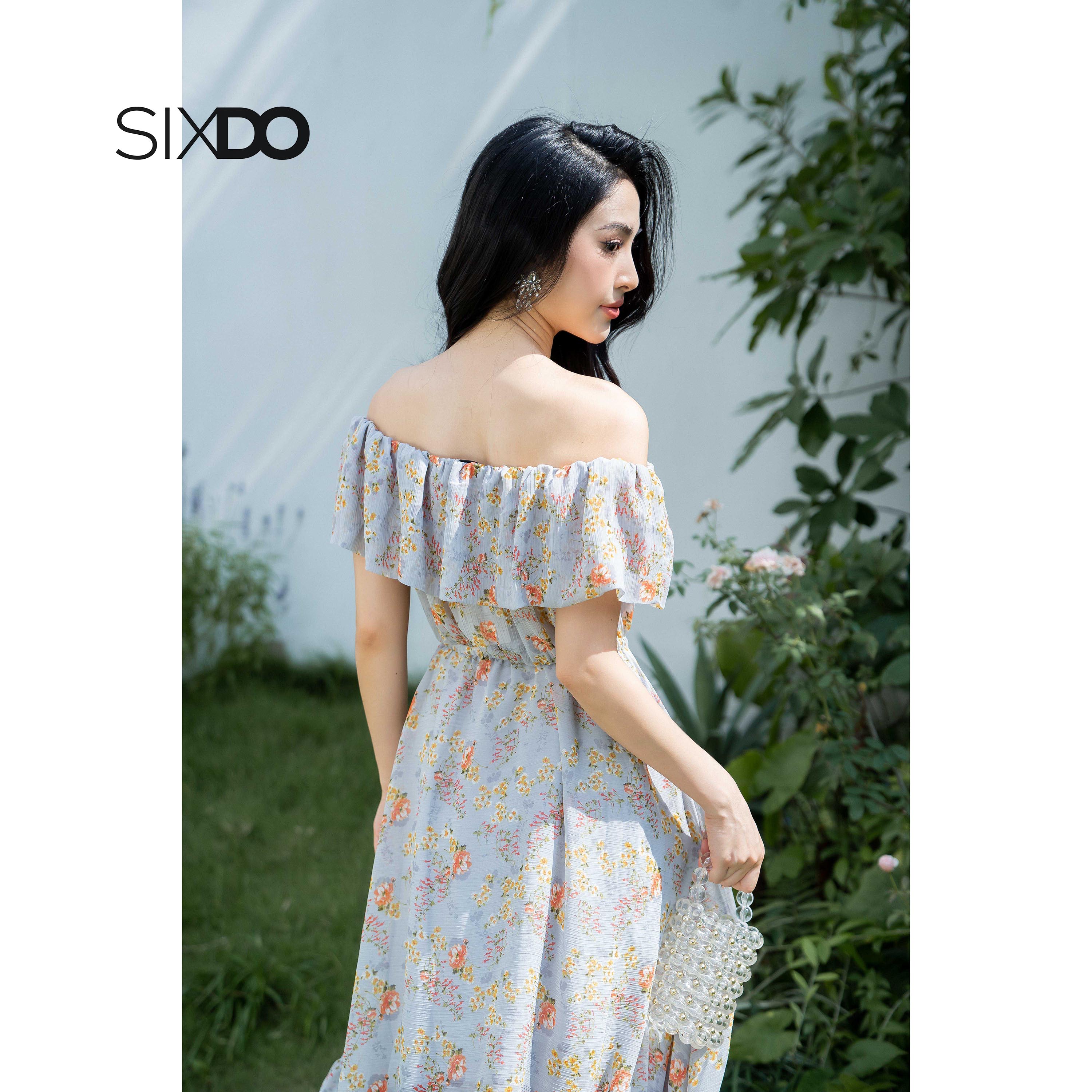 Đầm maxi voan hoa trễ vai SIXDO (Grey Floral  Maxi Voile Dress)