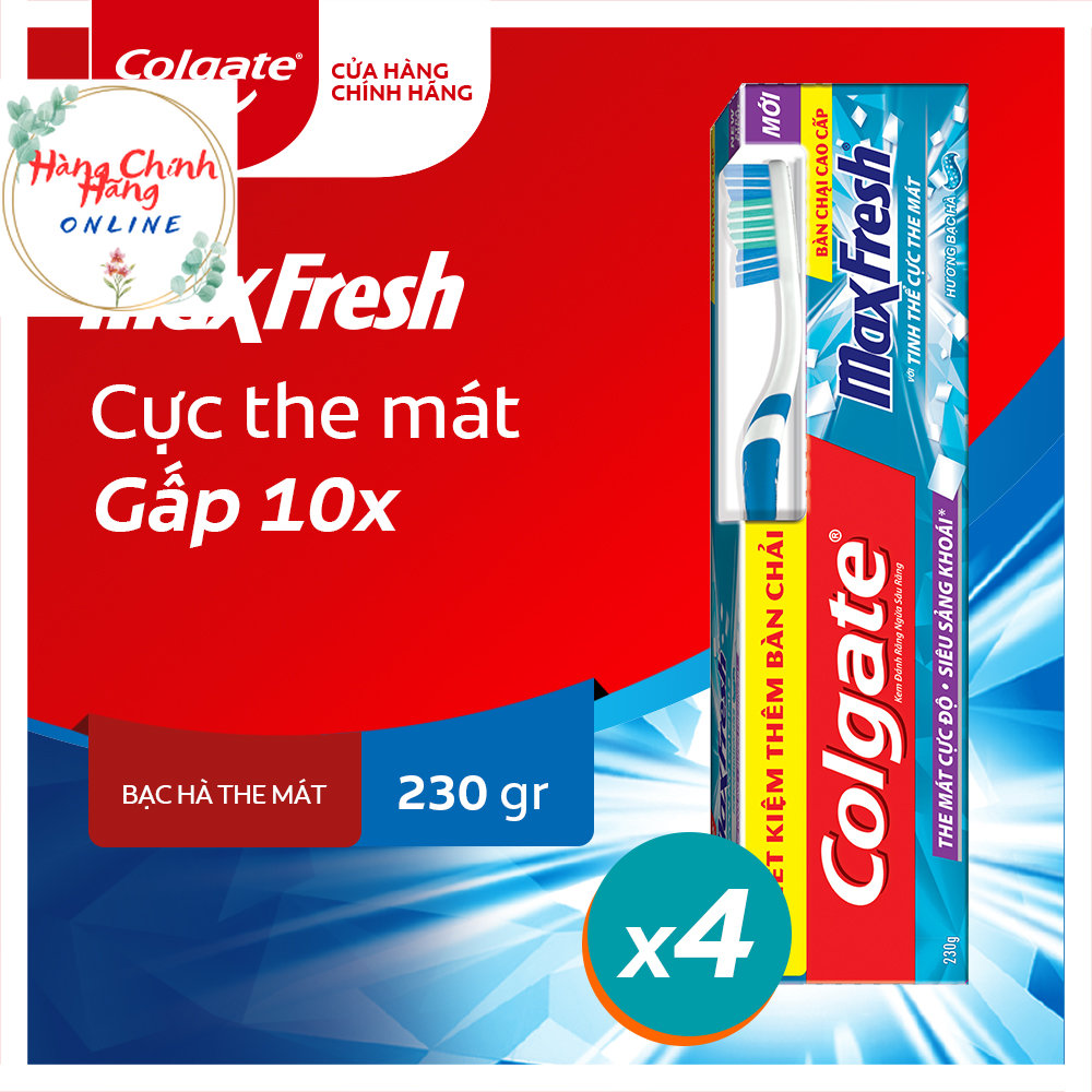 Bộ 4 Kem đánh răng Colgate bạc hà the mát Maxfresh 230g/tuýp tặng bàn chải đánh răng lông mềm