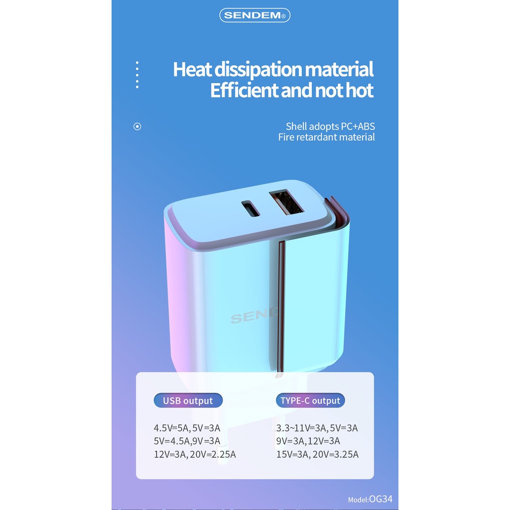 Củ sạc nhanh 2 cổng Sendem OG34 chuẩn Châu Âu PD20W
