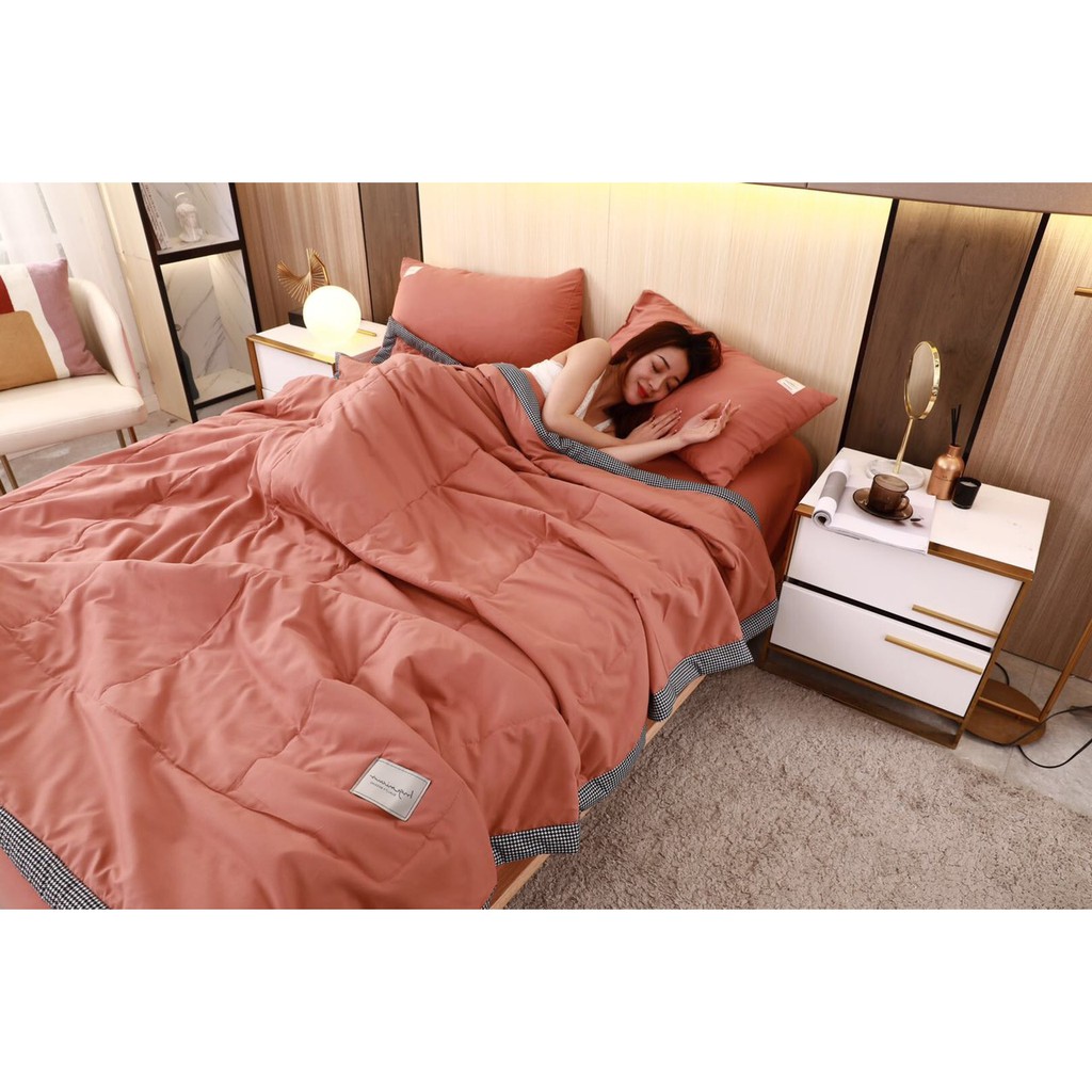 Bộ Chăn Ga Gối Cotton Đũi ( Chần Mền Hè) Màu Cam