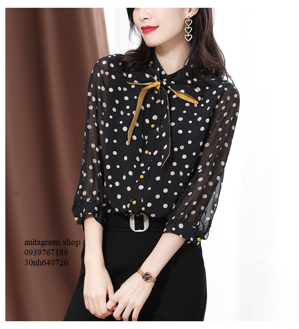 Nh640720-sơ mi nữ chấm bi thắt nơ