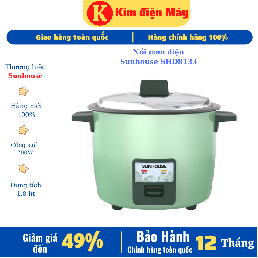 Nồi cơm điện Sunhouse SHD8133 ,nồi cơm điện vung rời 1l8 ,lòng nồi chống dính ,700W bảo hành 12 tháng toàn quốc