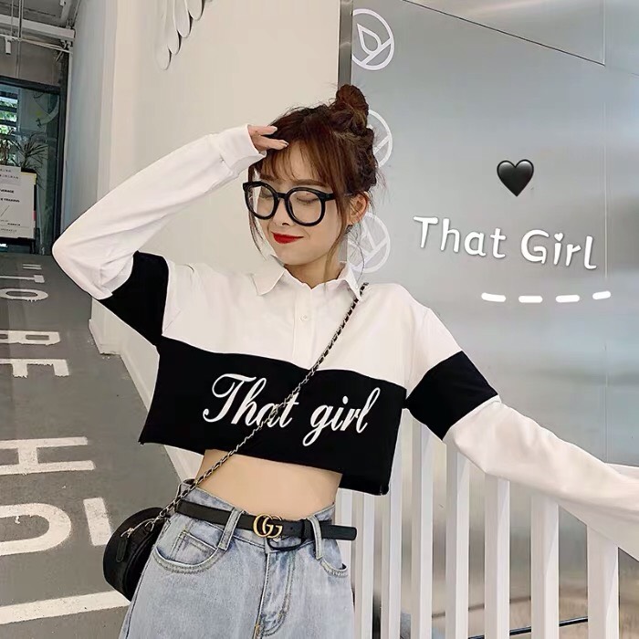 Áo Thun Tay Dài Có Cổ Form Croptop Phối Màu Kết Hợp In Chữ THAT GIRL Kiểu Hot TTS0900