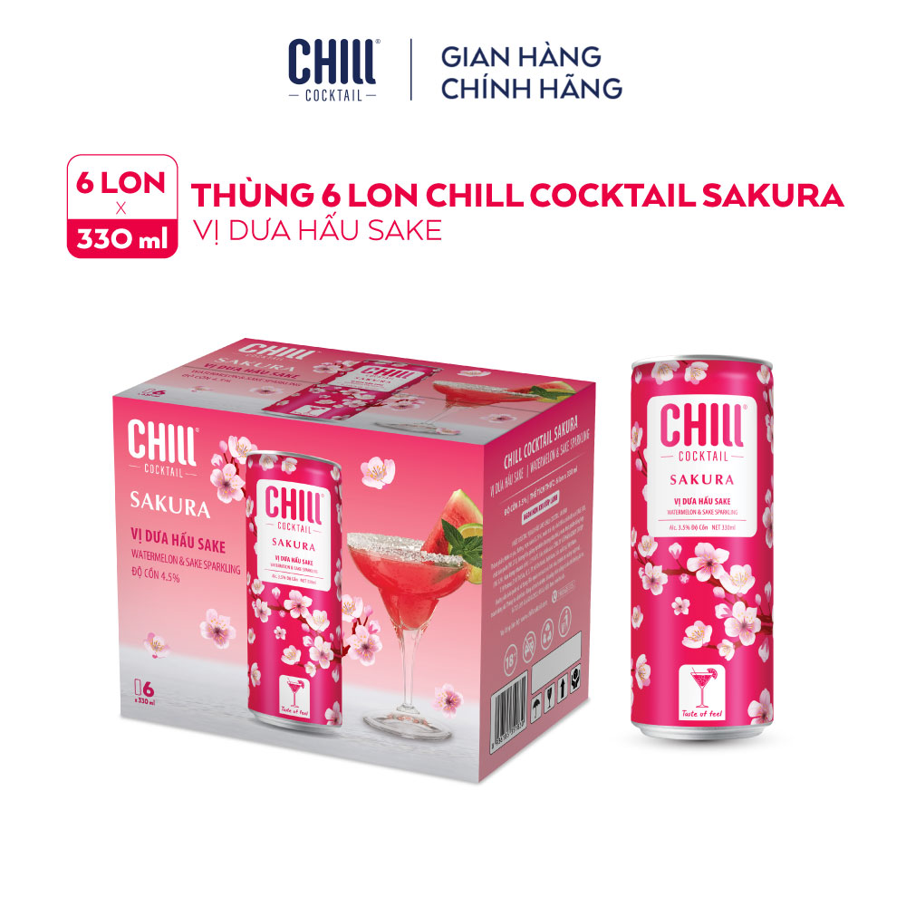 Thùng 6 lon Chill Cocktail Sakura vị Dưa Hấu Sake (330ml/lon)