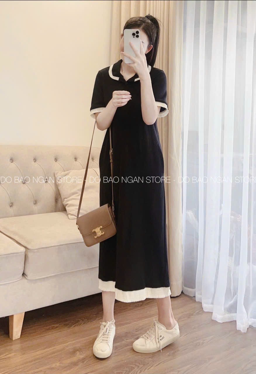 Váy bầu cotton công sở viền trắng-đầm bầu mùa hè xinh cho mẹ bầu frsz 45-70kg