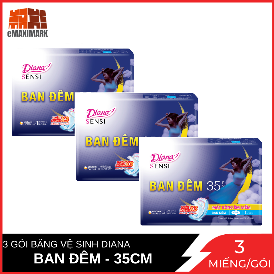 Combo 3 băng vệ sinh diana sensi ban đêm mặt bông êm mềm 35cm gói 3 miếng
