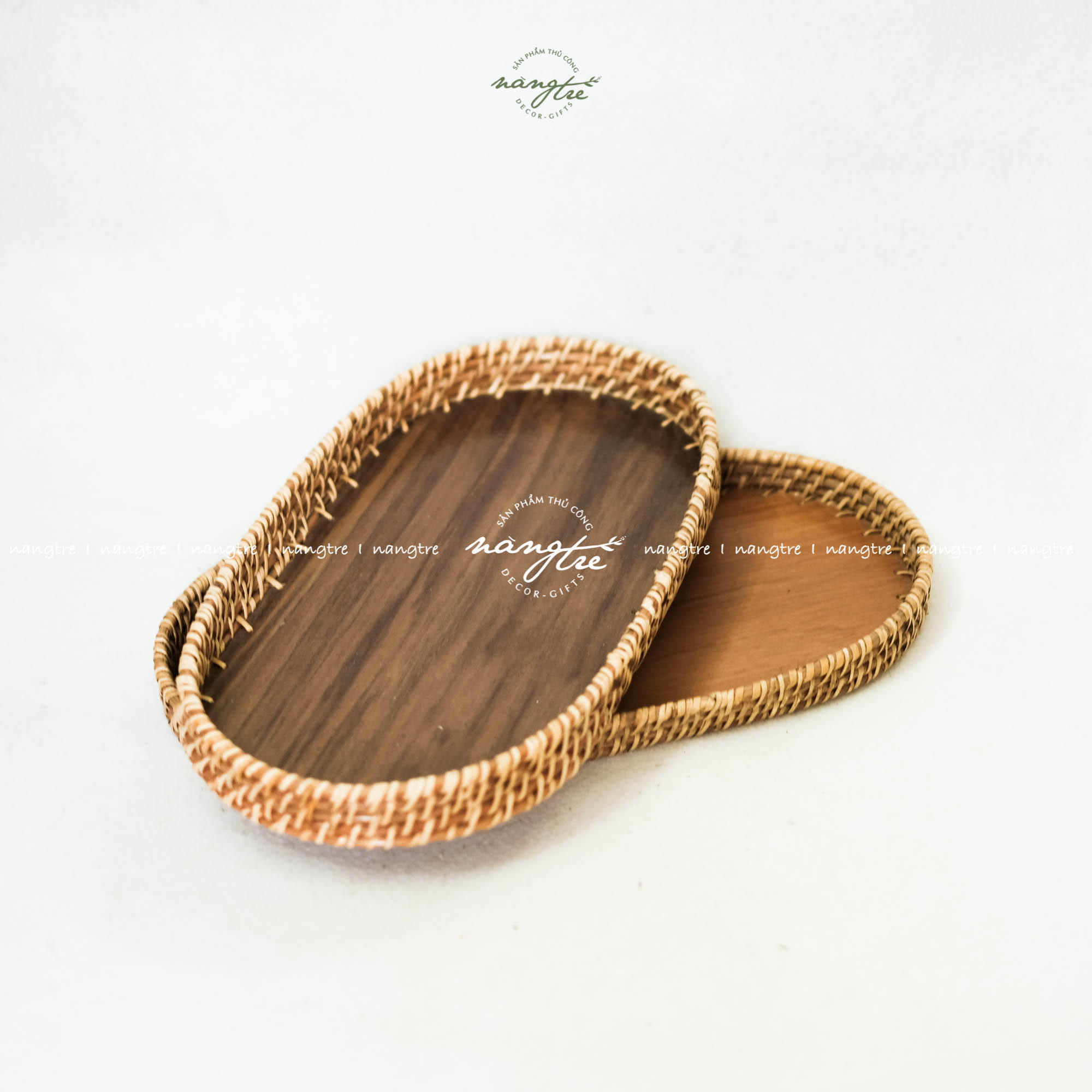 [HCM]Khay mây oval - Khay oval đế gỗ óc chó - Oval rattan tray