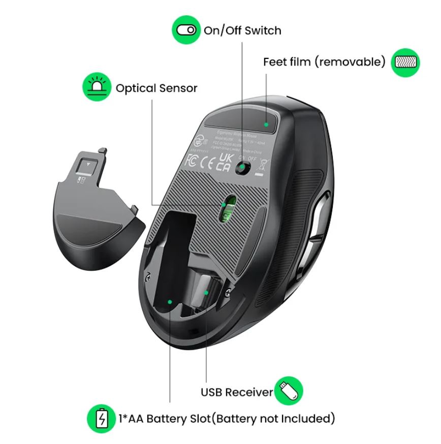 Ugreen 2.4g wireless mouse ergonomic mice 4000 dpi 6 mute buttons