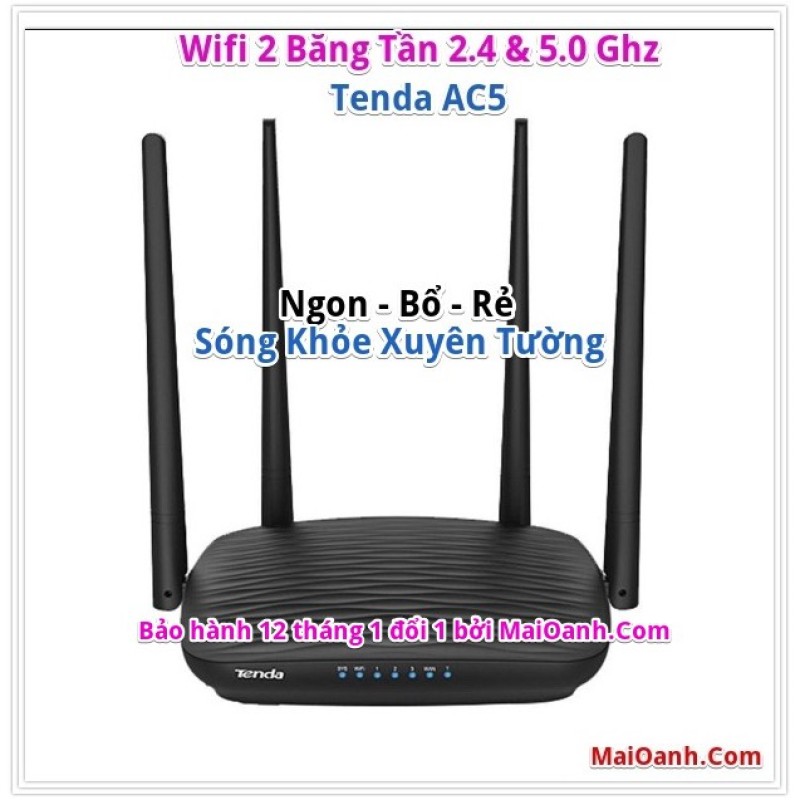 Tenda AC5 - Thiết Bị Phát Wifi Chuẩn Ac 1200mbps, 2 Băng Tần 2.4 & 5.0 Ghz - 4 Anten 5 Dbi