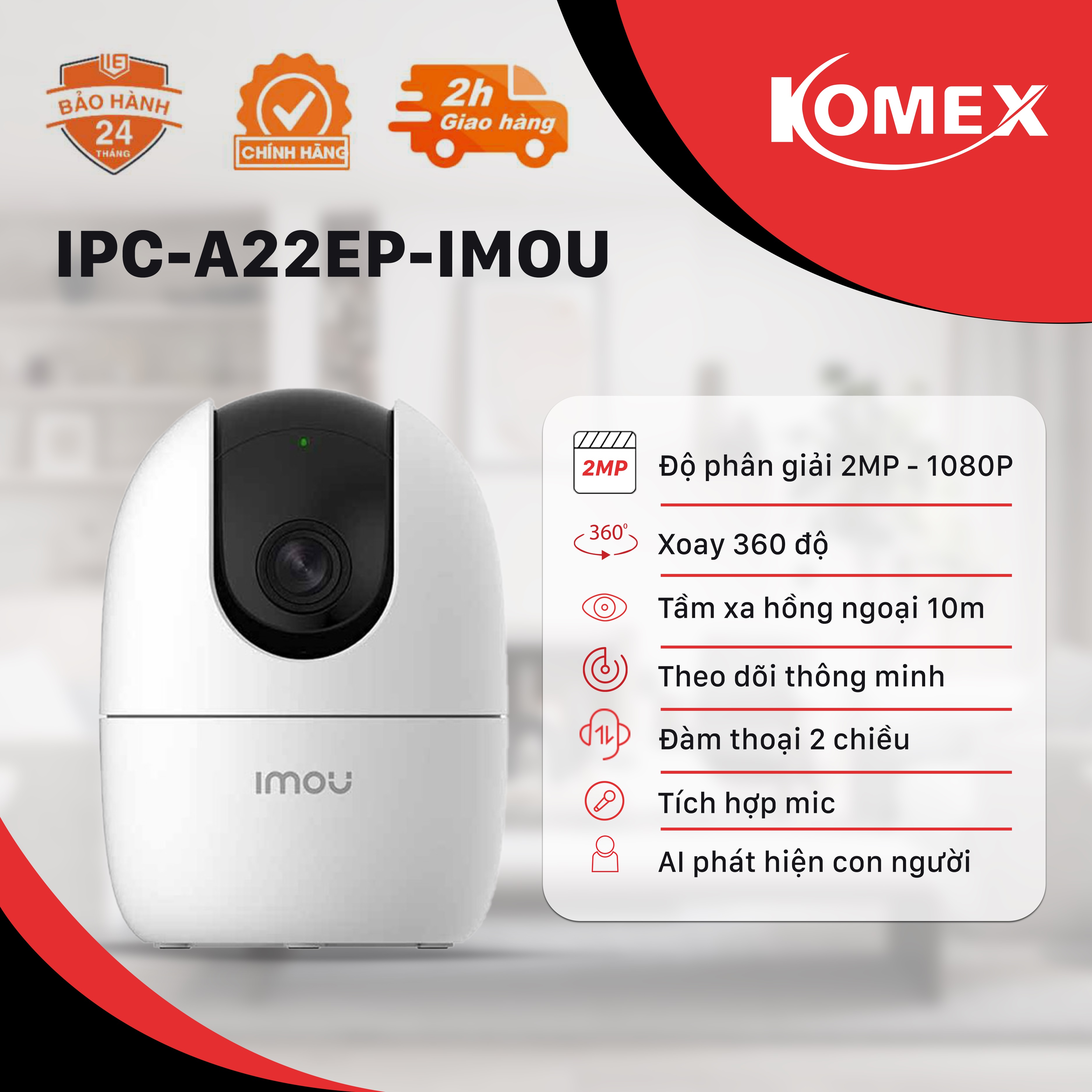 Camera Imou trong nhà A22EP IP Wifi Độ phân giải 2M, Phát hiện và Cảnh báo chuyển động, Đàm thoại, Quay 360 độ - Eco Tech Store